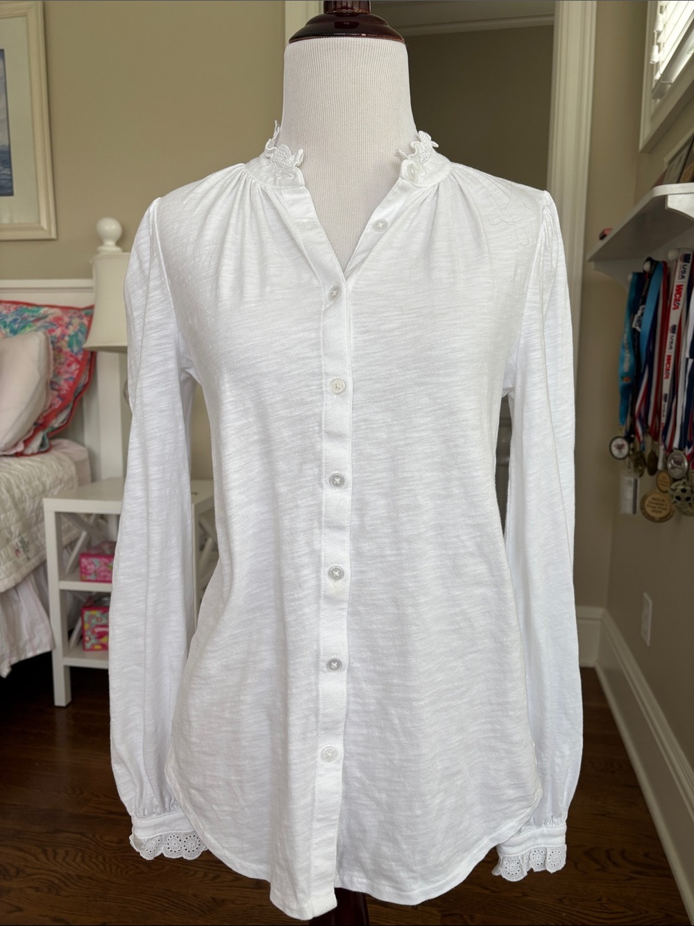 Boden White Ruffle-Trim Button-Down Blouse